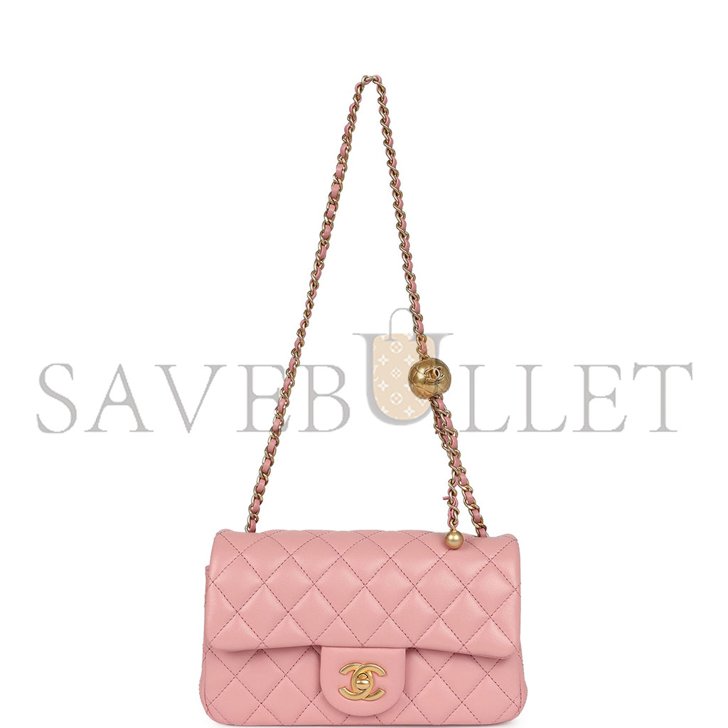 Ch*el master large mini pearl embossed rectangular flap dark pink lambskin brushed gold hardware (20*13*7cm)
